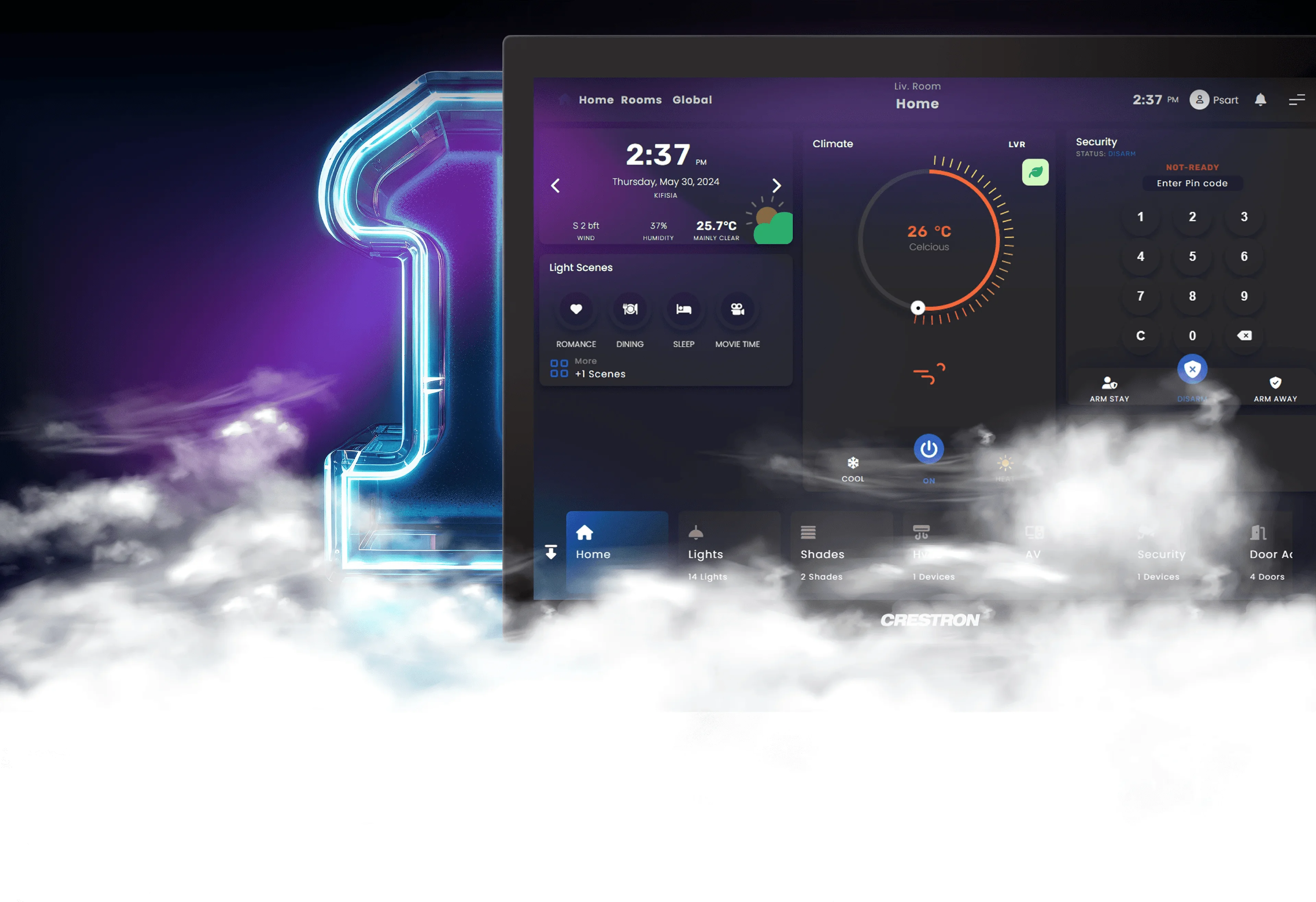 clouds in front of a tablet with think one app interface