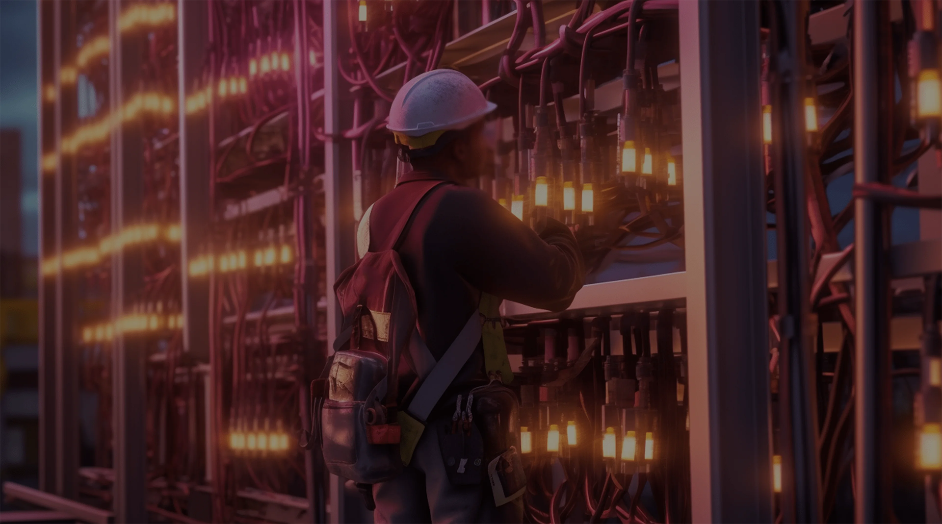 A technician working on an installation with cables