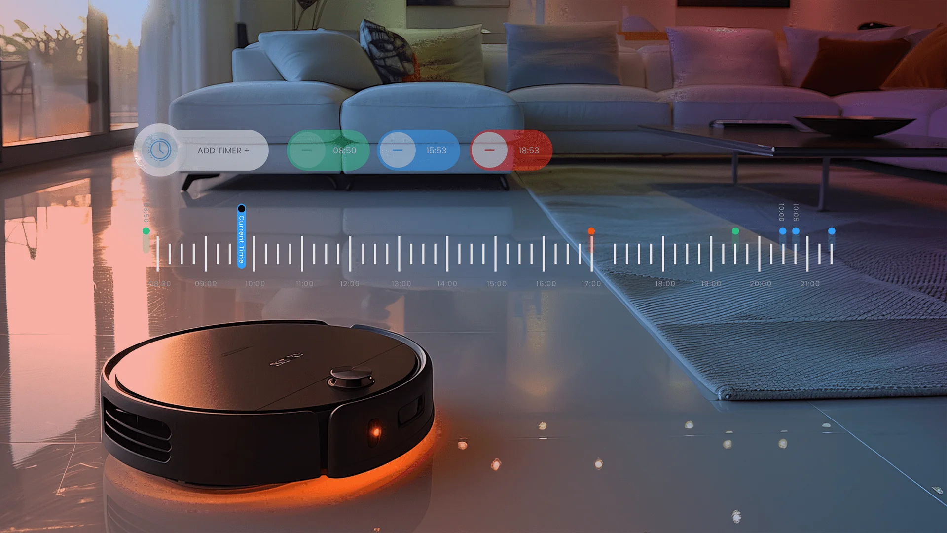 A smart vacuum cleans a living room